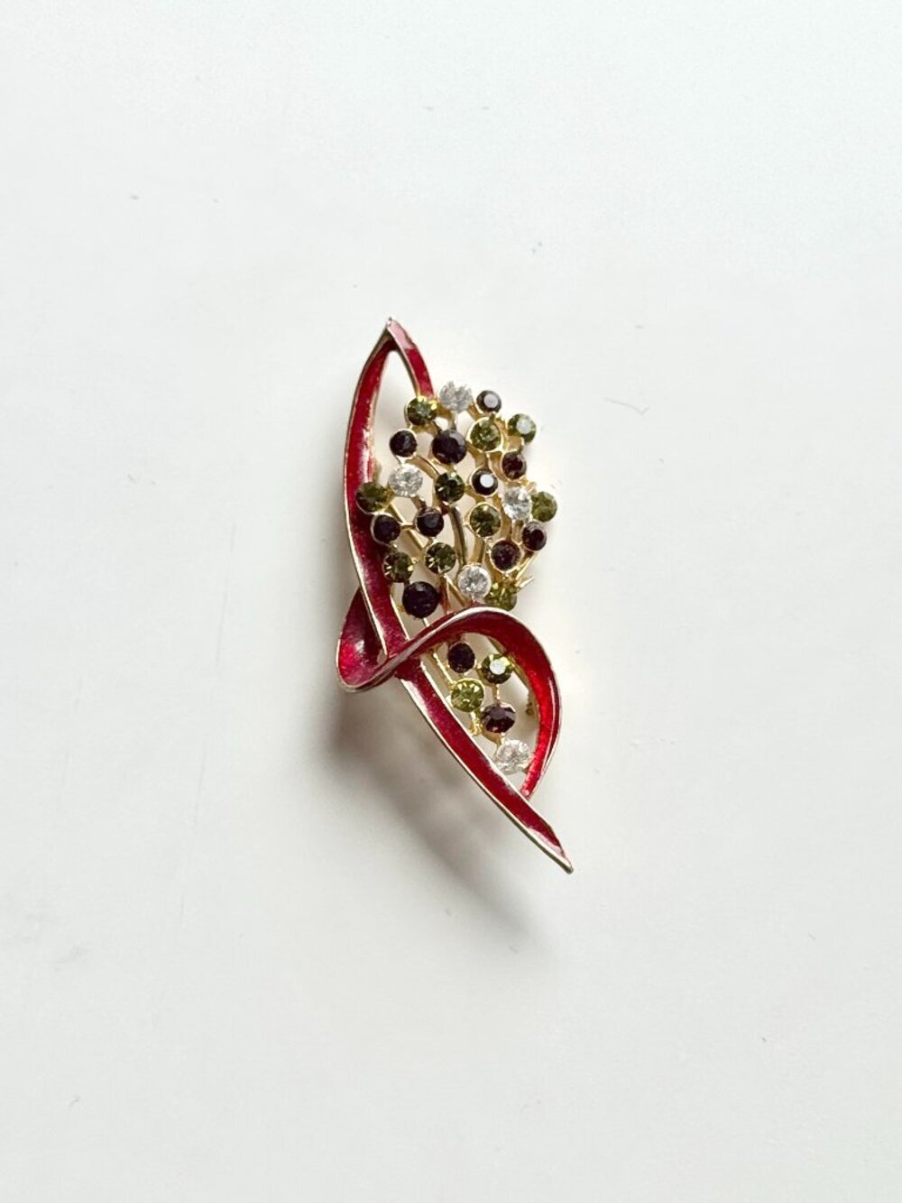Vintage Gold Tone Rhinestone Bouqet Red Enamel Brooch Pendant
